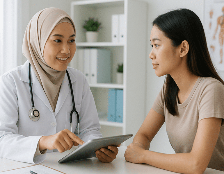 Pasien perempuan diskusi dengan dokter