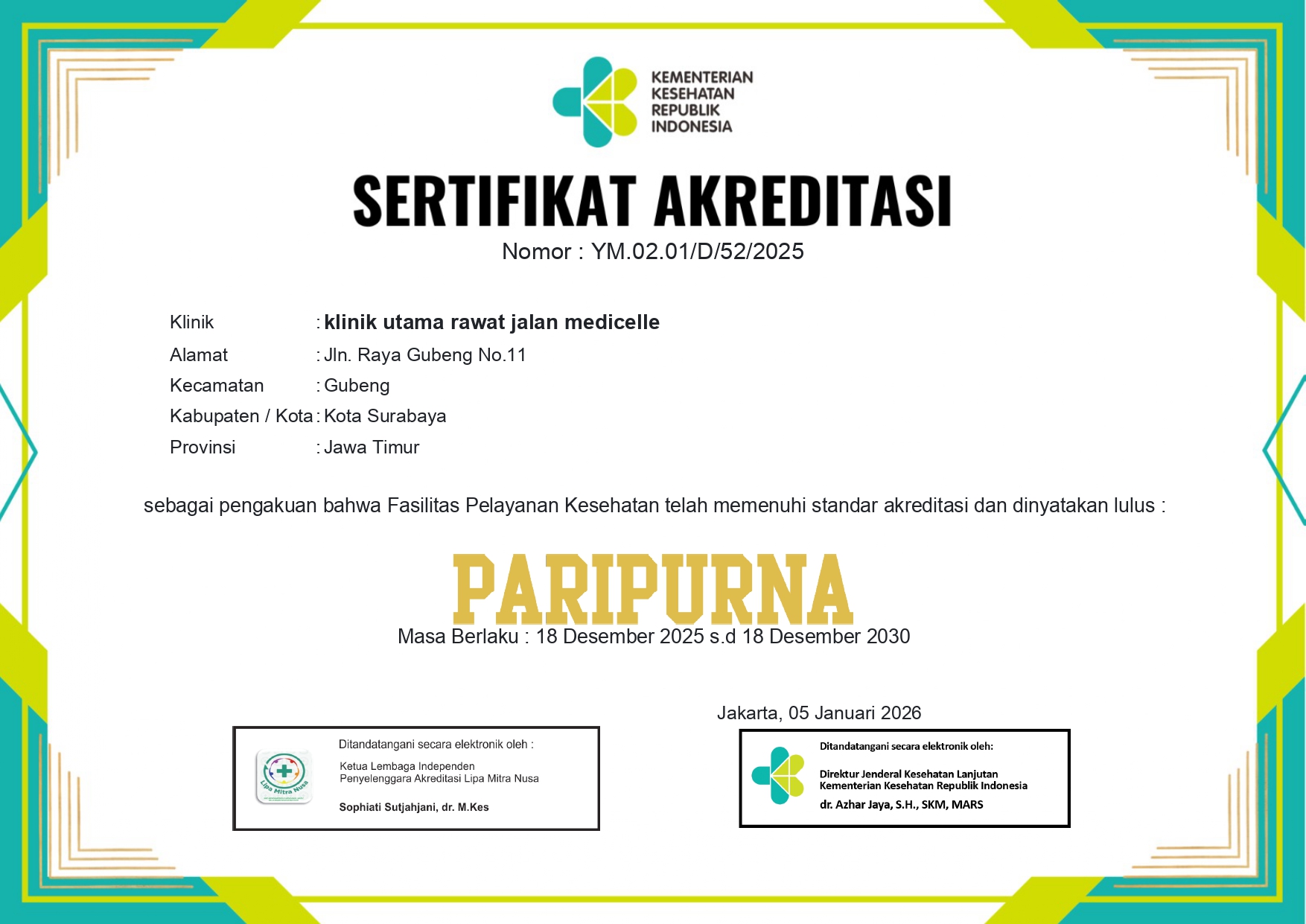 Komitmen Mutu Terbukti, Klinik Utama MedicElle Terima Akreditasi Paripurna dari Kemenkes RI 4 Sertifikat Akreditasi Klinik Utama MedicElle page 0001